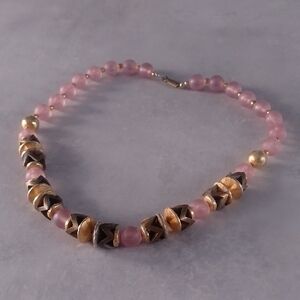 ✨ Vintage 1980s Pink & Gold Beaded Necklace, Elegant Statement Jewelry